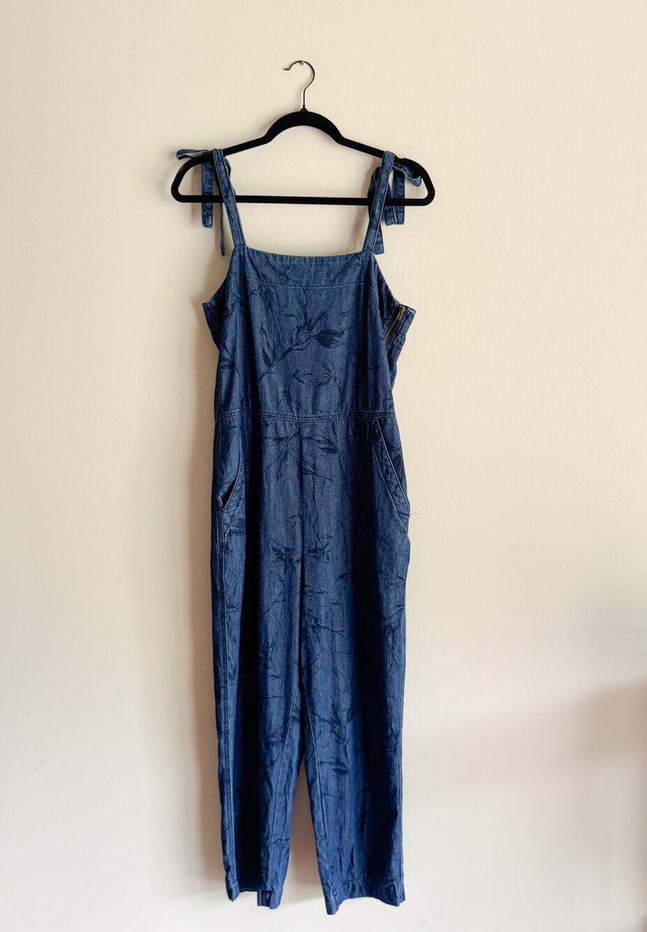 Unpublished Blue Denim Floral Print Square Neck Shoulder Tie Overalls Medium